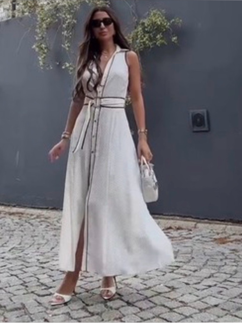 Zara Sleeveless White Belted Polka Dot Button Up Shirtdress with Black Trim - Picture 3 of 7